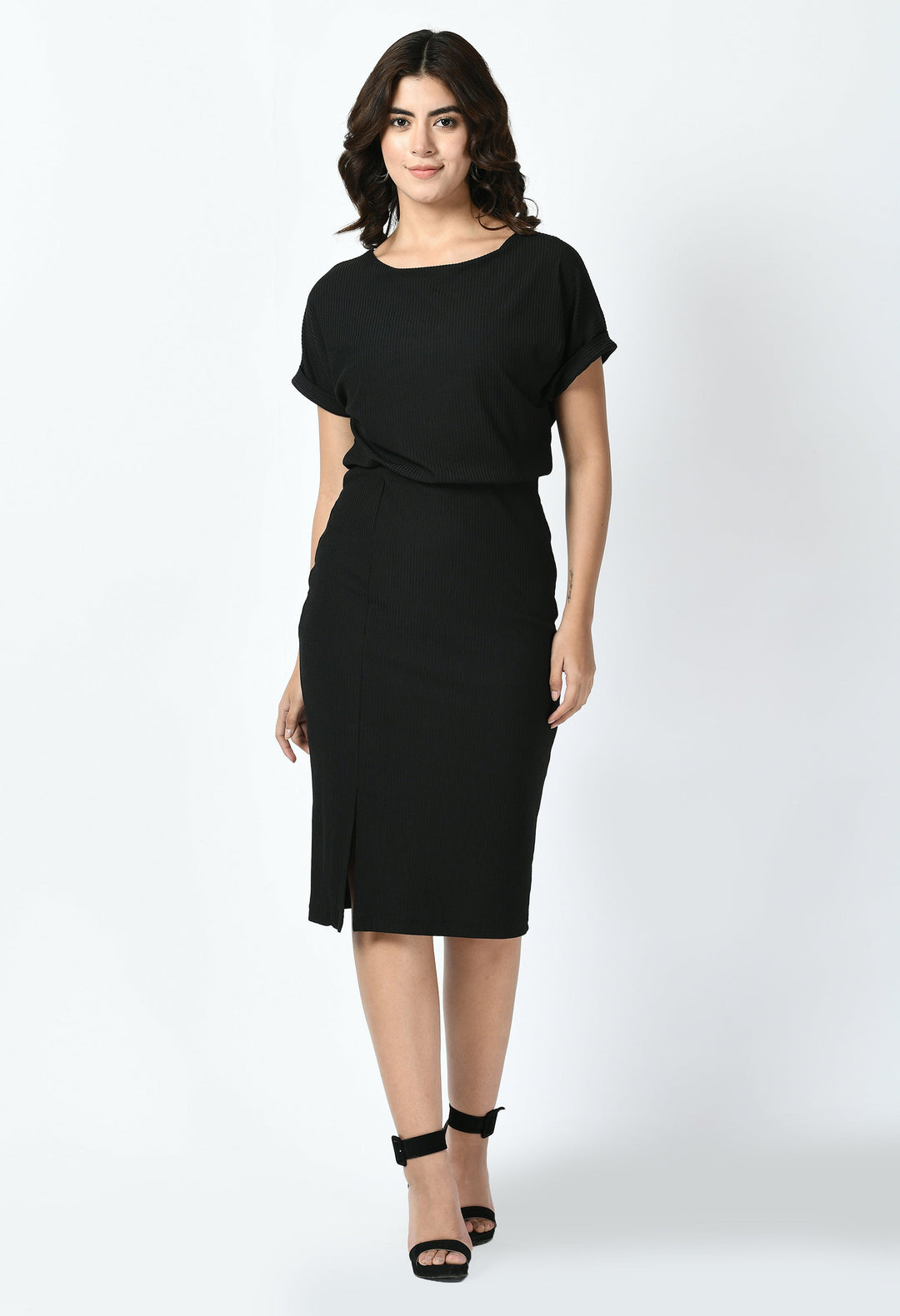 Black-Cotton-Blend-Enigma-Ribbed-Blouson-Dress