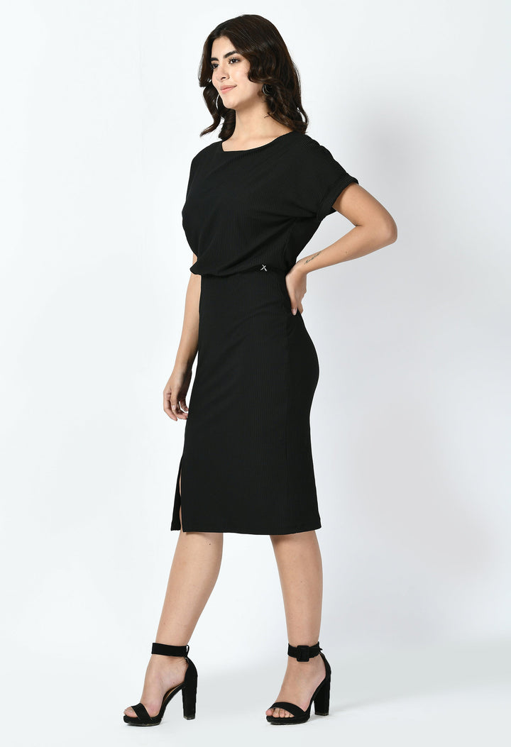 Black-Cotton-Blend-Enigma-Ribbed-Blouson-Dress