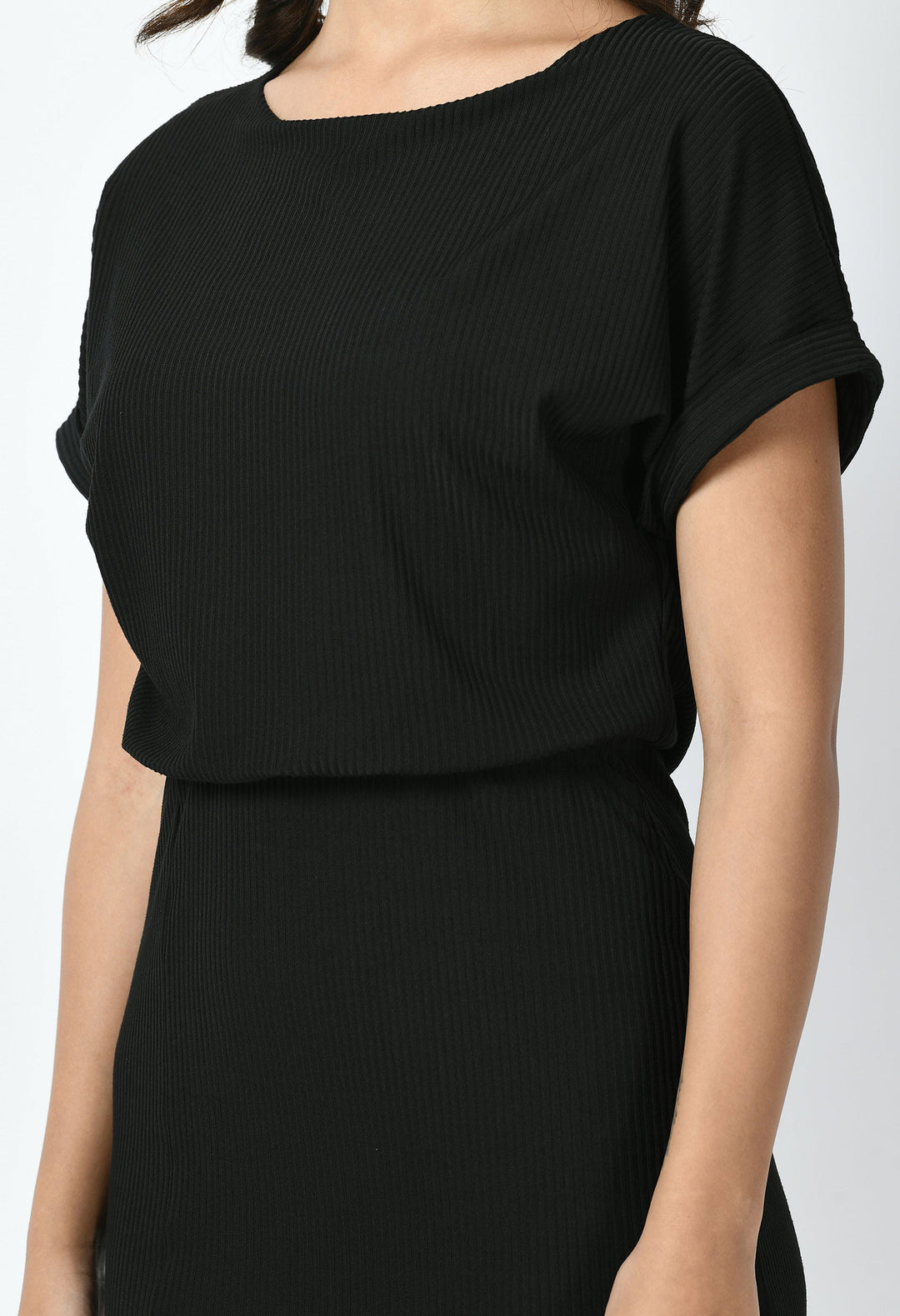 Black-Cotton-Blend-Enigma-Ribbed-Blouson-Dress