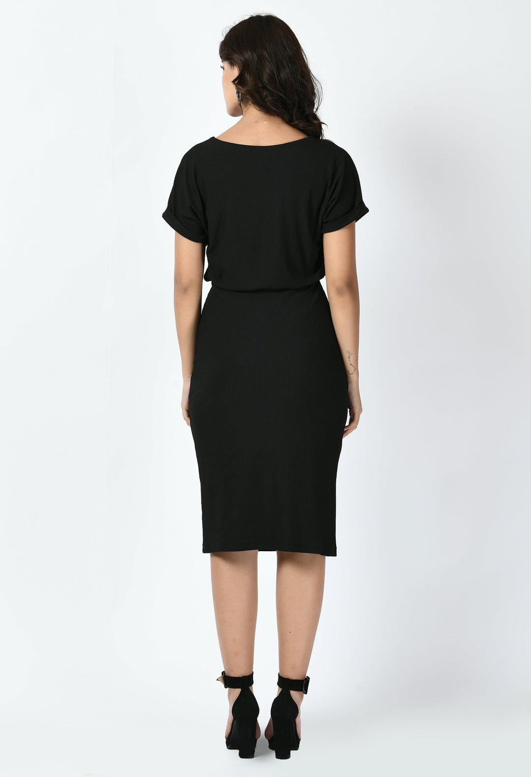 Black-Cotton-Blend-Enigma-Ribbed-Blouson-Dress