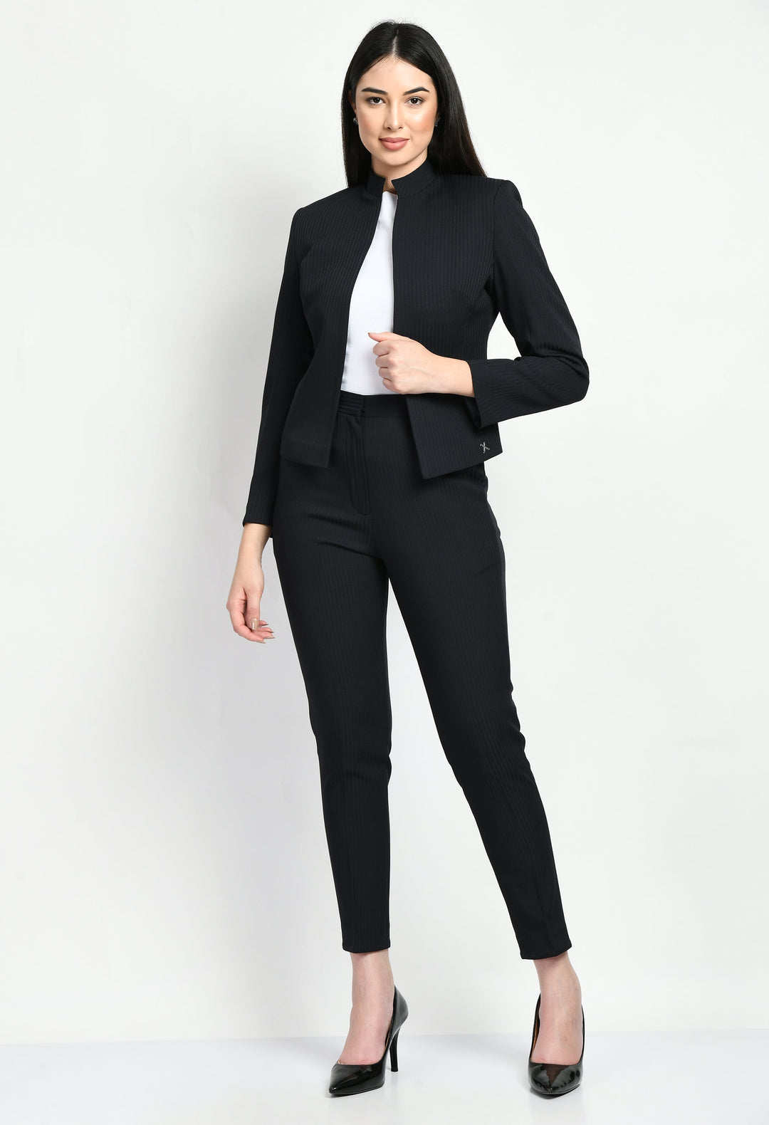 Black-Cotton-Blend-Fearlessness-Strip-Short-Blazer-Pant-Suit