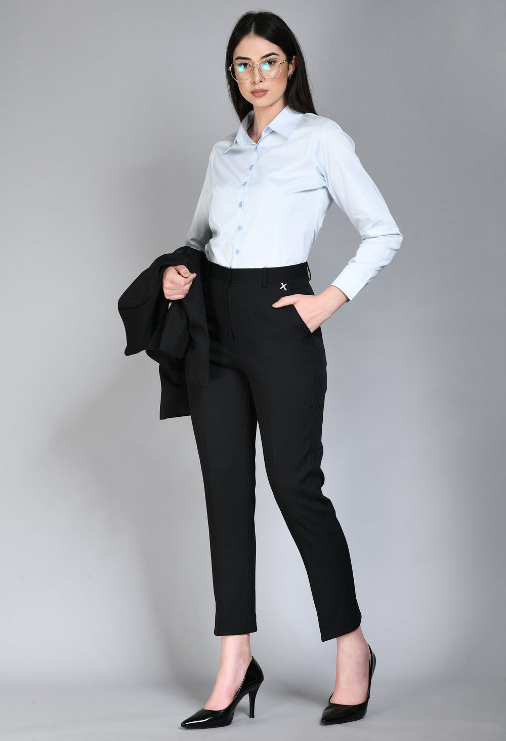 Black-Cotton-Blend-Fearlessness-Strip-Short-Blazer-Pant-Suit