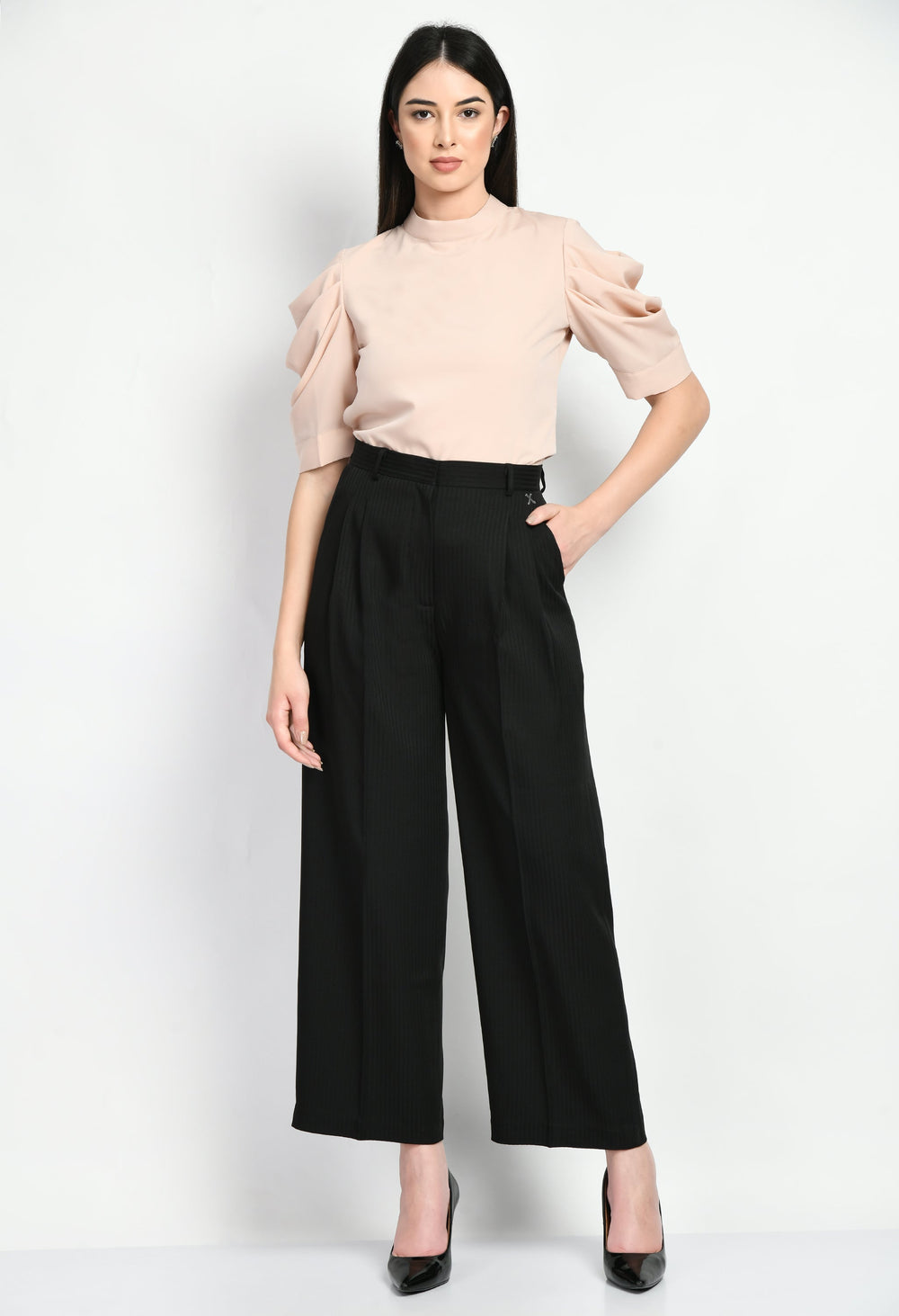 Black-Cotton-Blend-Focus-Striped-Short-Blazer-Pant-Suit