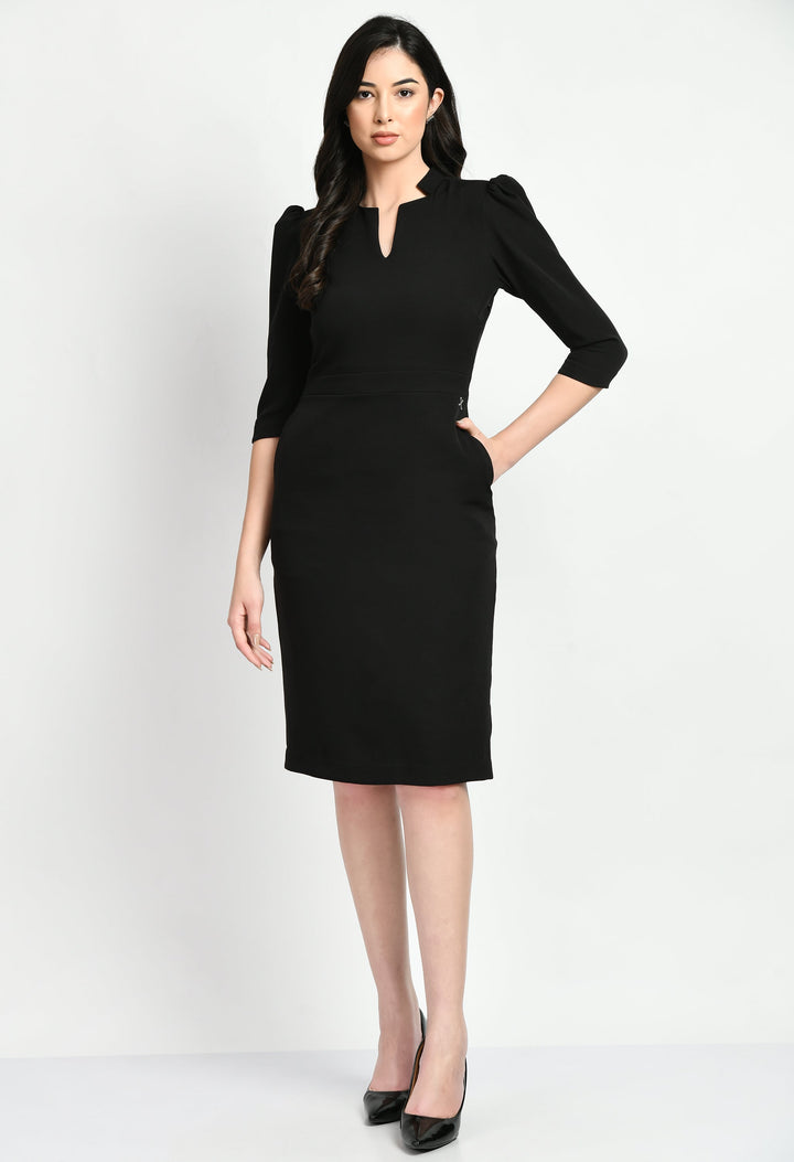 Black-Cotton-Blend-Grace-Puff-Sleeves-Sheath-Dress