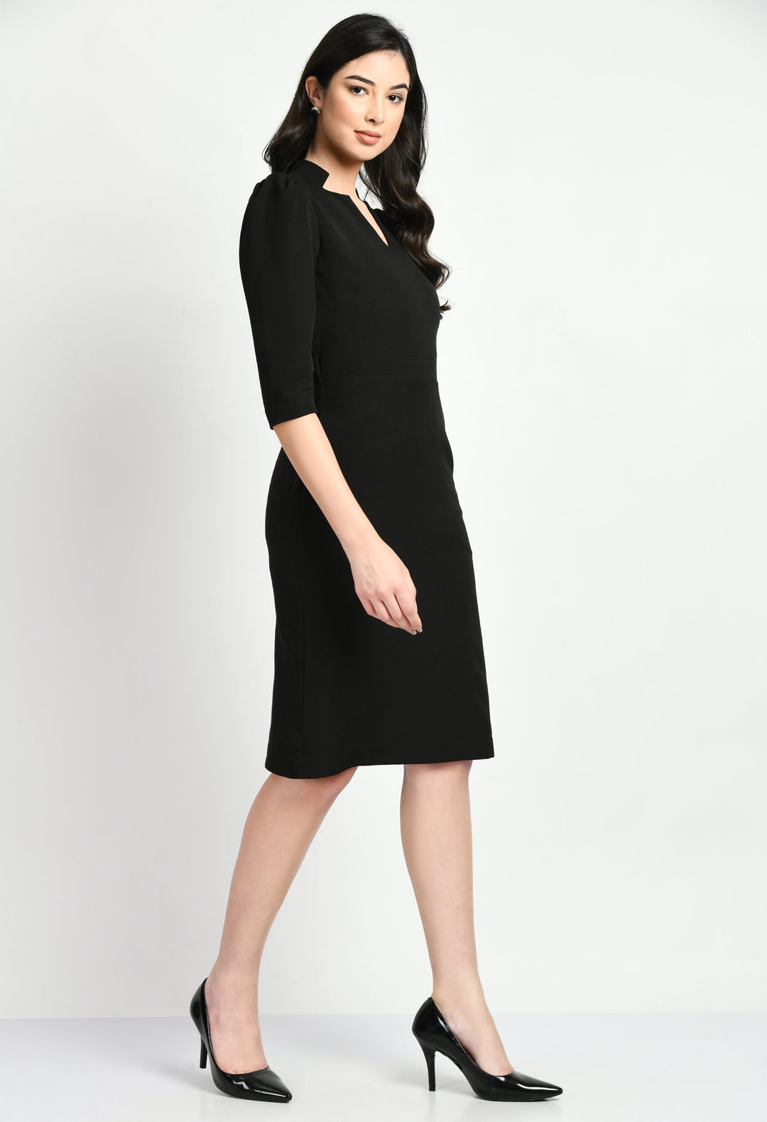 Black-Cotton-Blend-Grace-Puff-Sleeves-Sheath-Dress