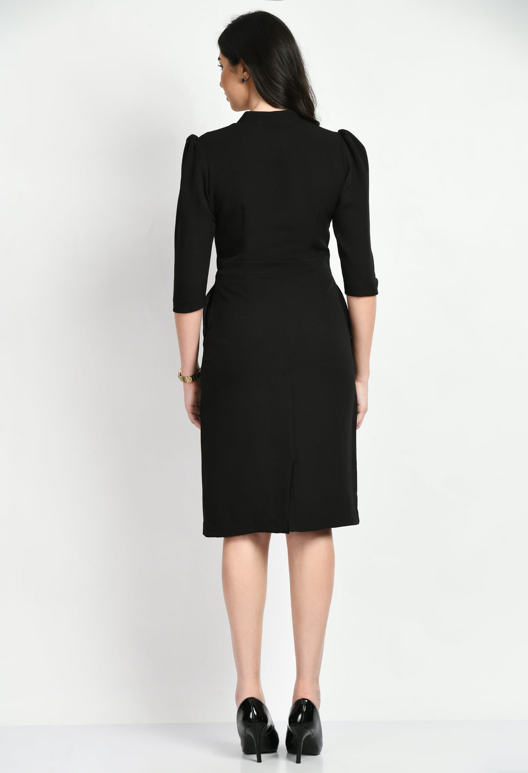 Black-Cotton-Blend-Grace-Puff-Sleeves-Sheath-Dress