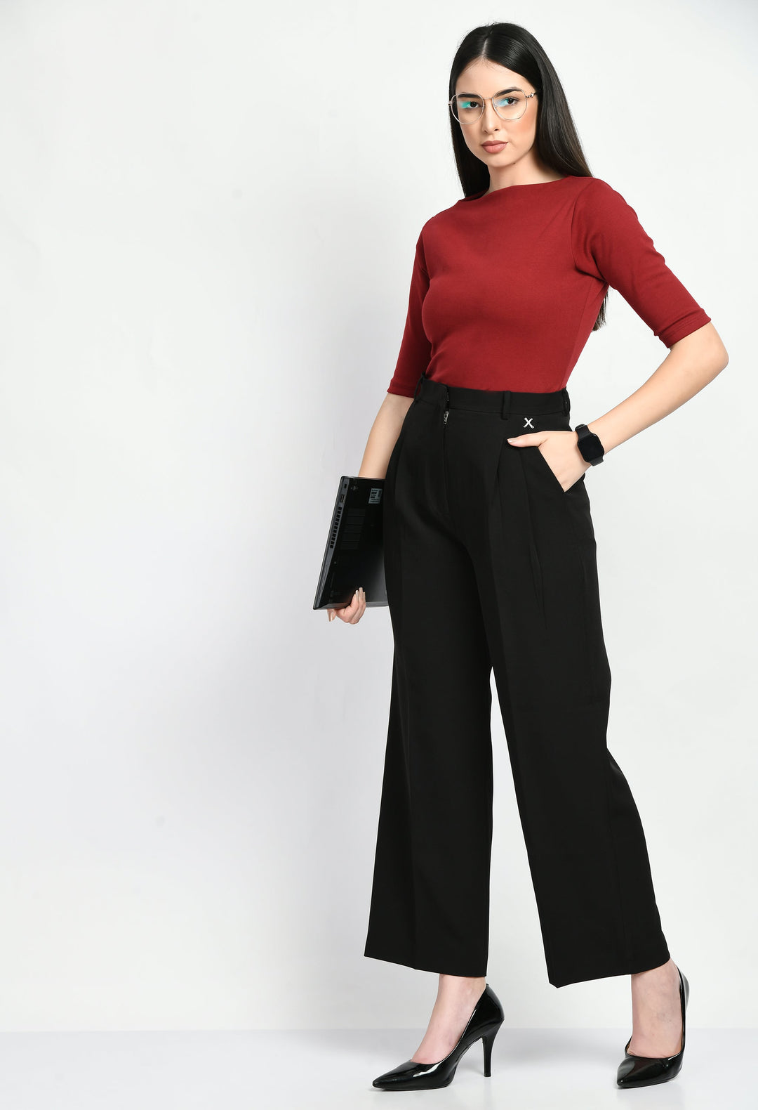 Black-Cotton-Blend-Influence-Solid-Wide-Leg-Trouser