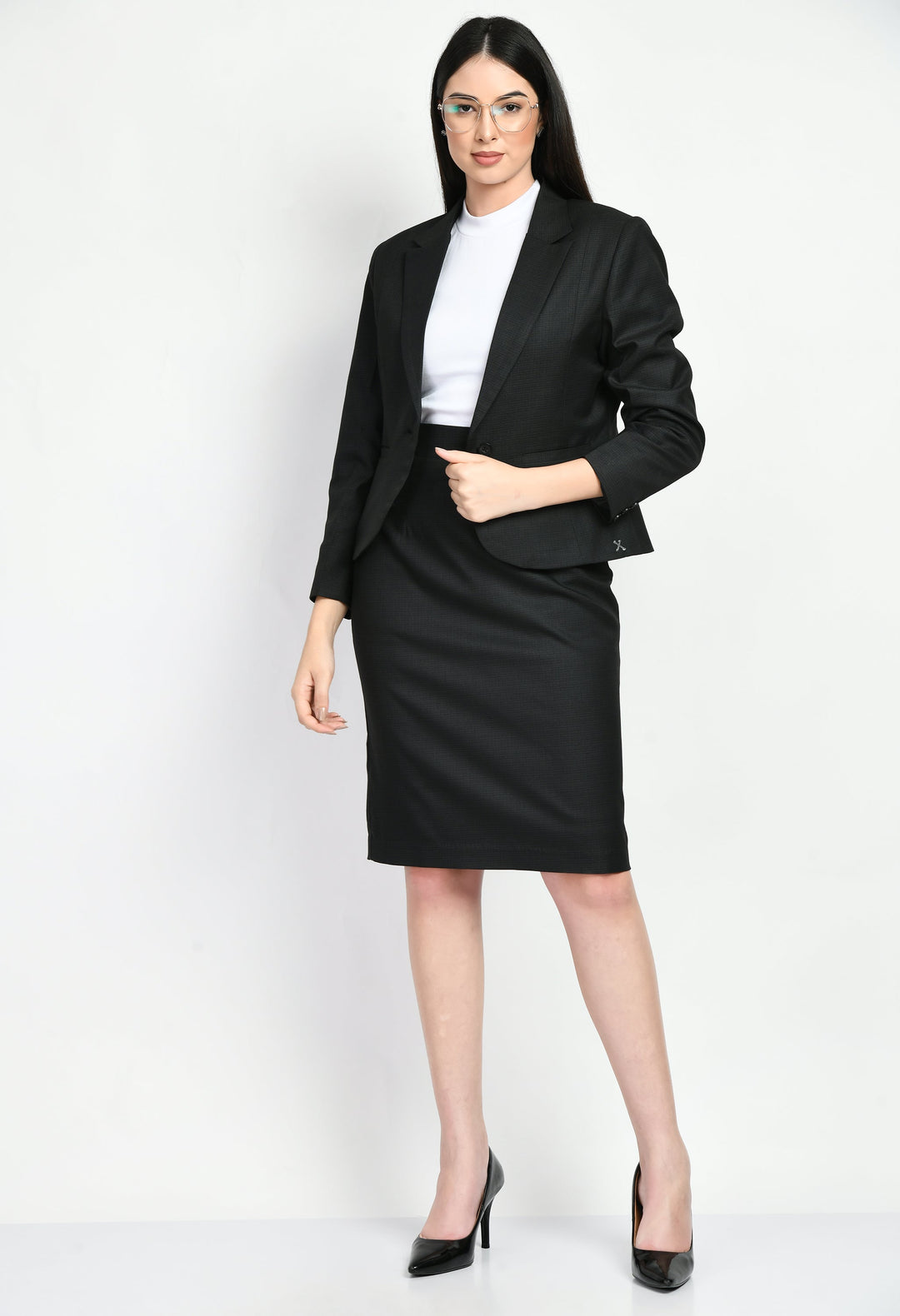 Black-Cotton-Blend-Motivation-Short-Blazer-Pencil-Skirt-Suit