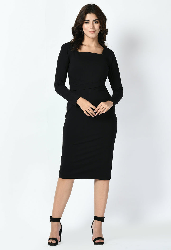 Black-Cotton-Blend-Pinnacle-Padded-Shoulder-Sheath-Dress