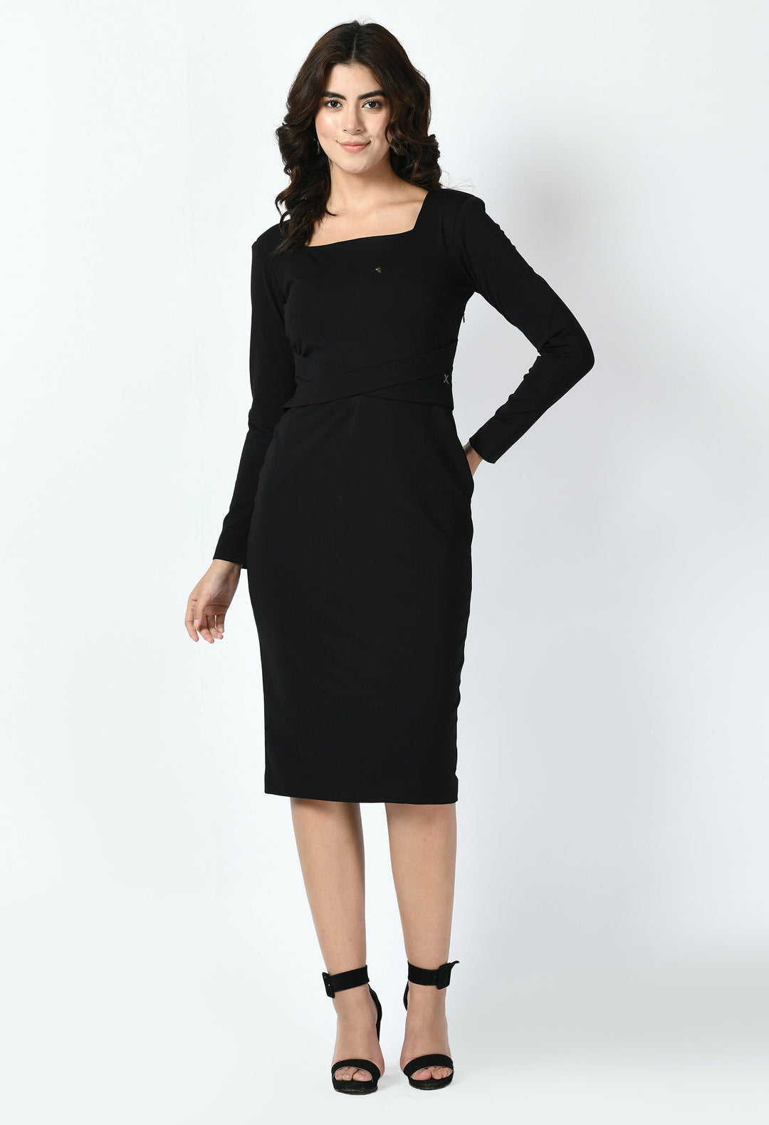 Black-Cotton-Blend-Pinnacle-Padded-Shoulder-Sheath-Dress