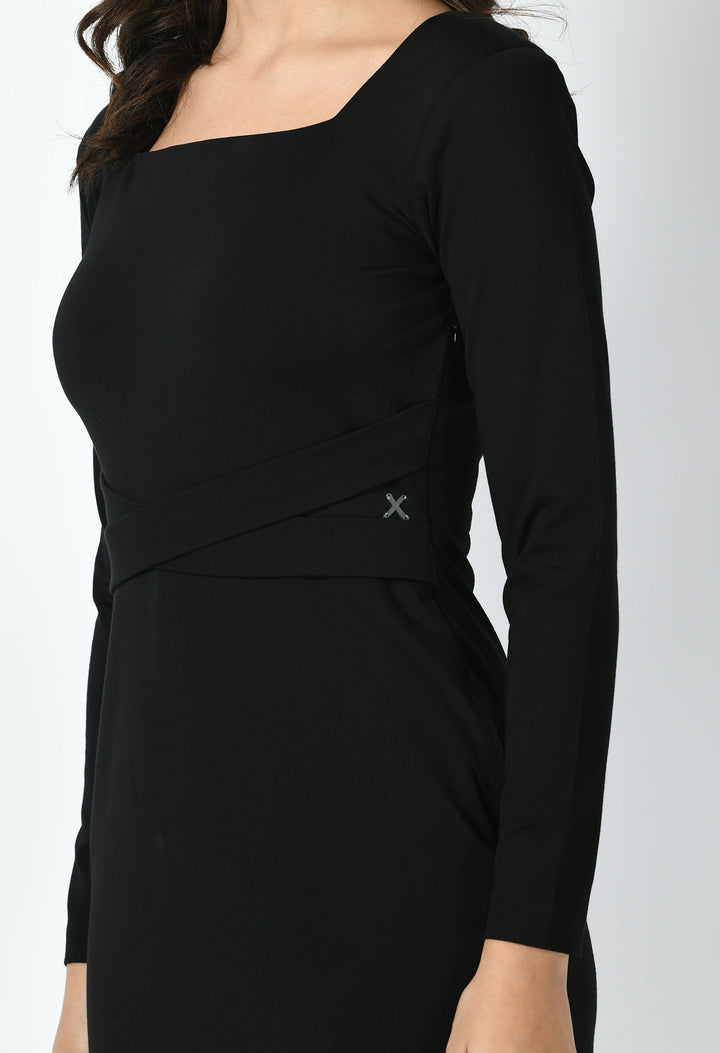 Black-Cotton-Blend-Pinnacle-Padded-Shoulder-Sheath-Dress