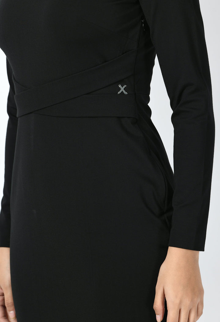 Black-Cotton-Blend-Pinnacle-Padded-Shoulder-Sheath-Dress