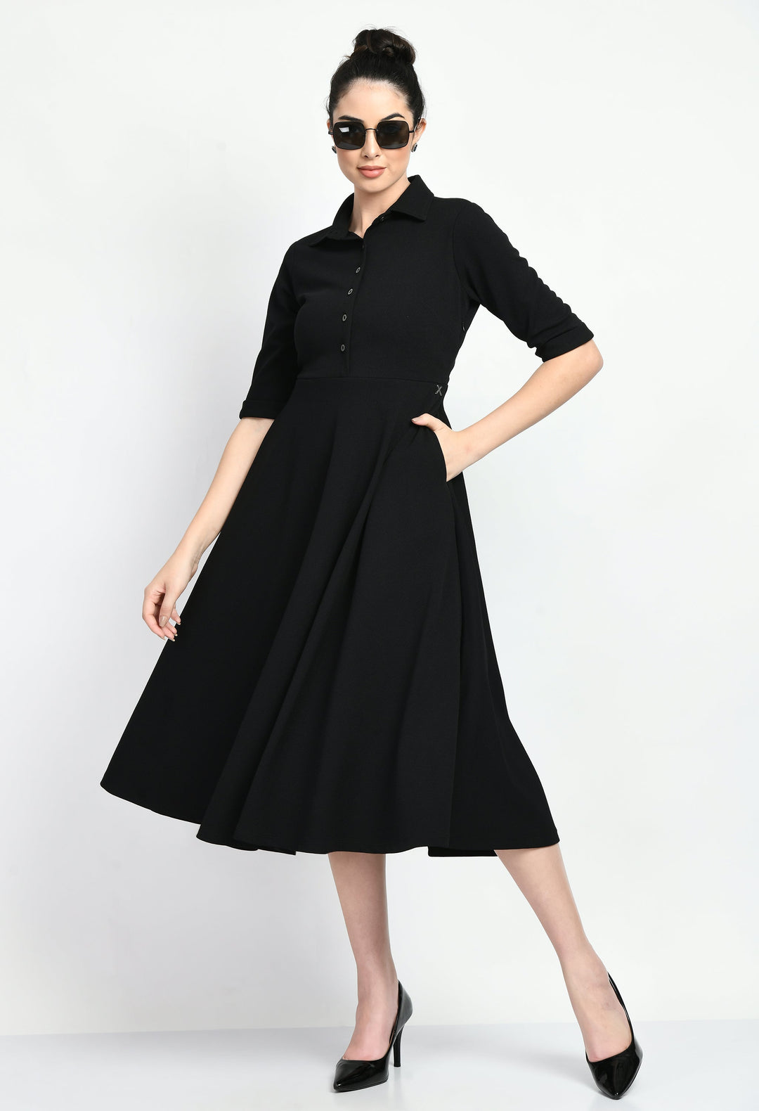 Black-Cotton-Blend-Serenity-Fit-And-Flared-Shirtmidi-Dress