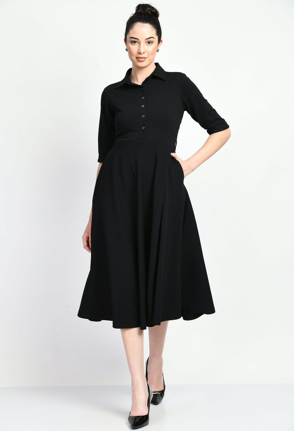 Black-Cotton-Blend-Serenity-Fit-And-Flared-Shirtmidi-Dress
