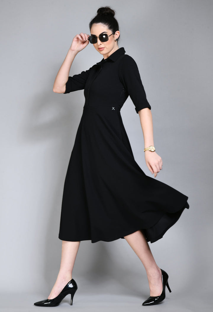 Black-Cotton-Blend-Serenity-Fit-And-Flared-Shirtmidi-Dress