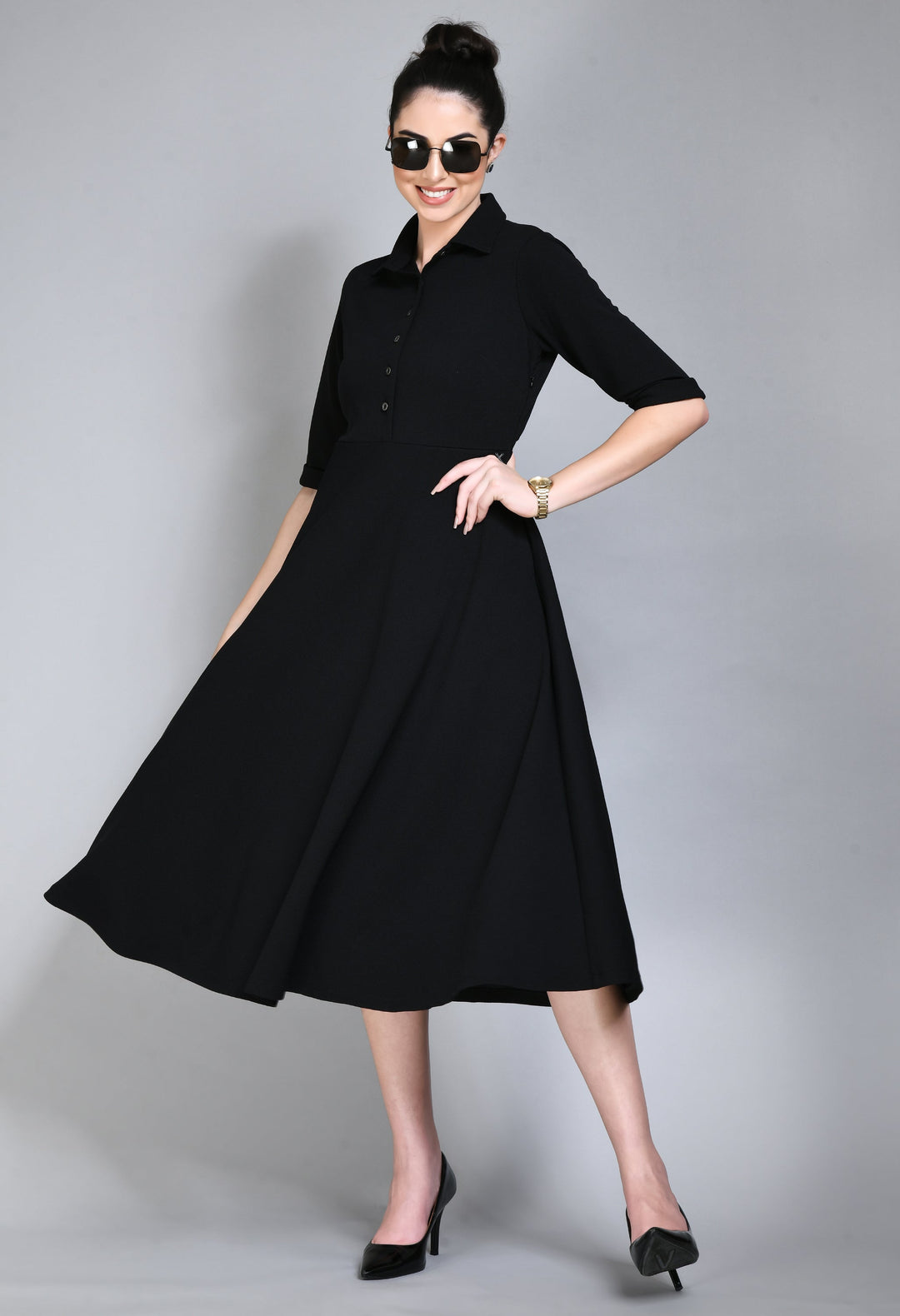 Black-Cotton-Blend-Serenity-Fit-And-Flared-Shirtmidi-Dress