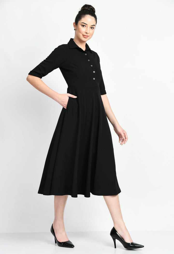 Black-Cotton-Blend-Serenity-Fit-And-Flared-Shirtmidi-Dress