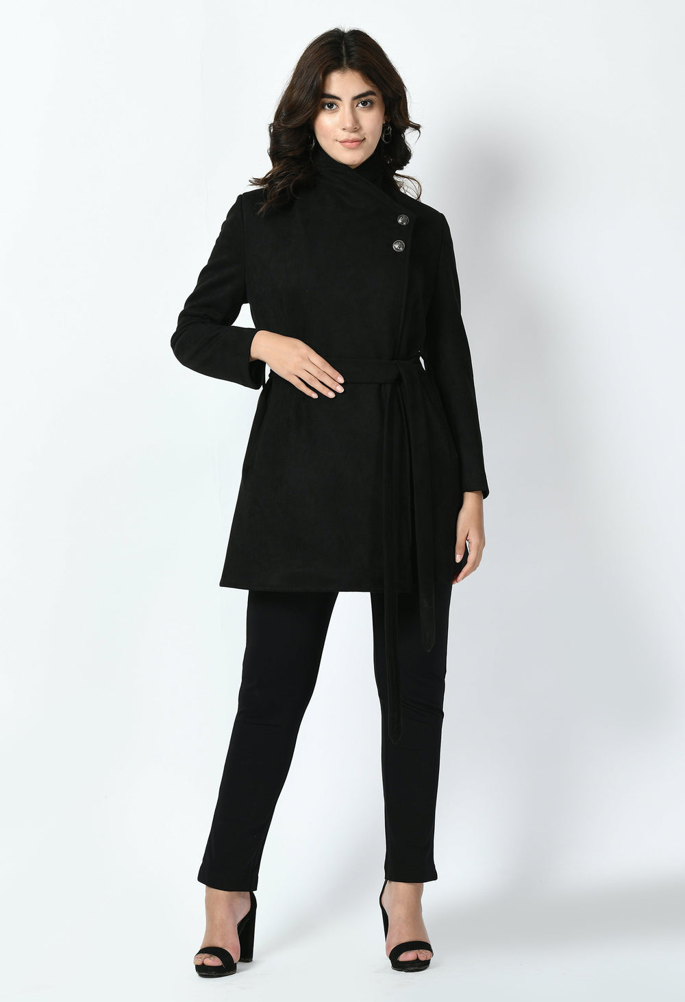 Black-Cotton-Blend-Spark-Suede-Leather-Medium-Wrap-Coat