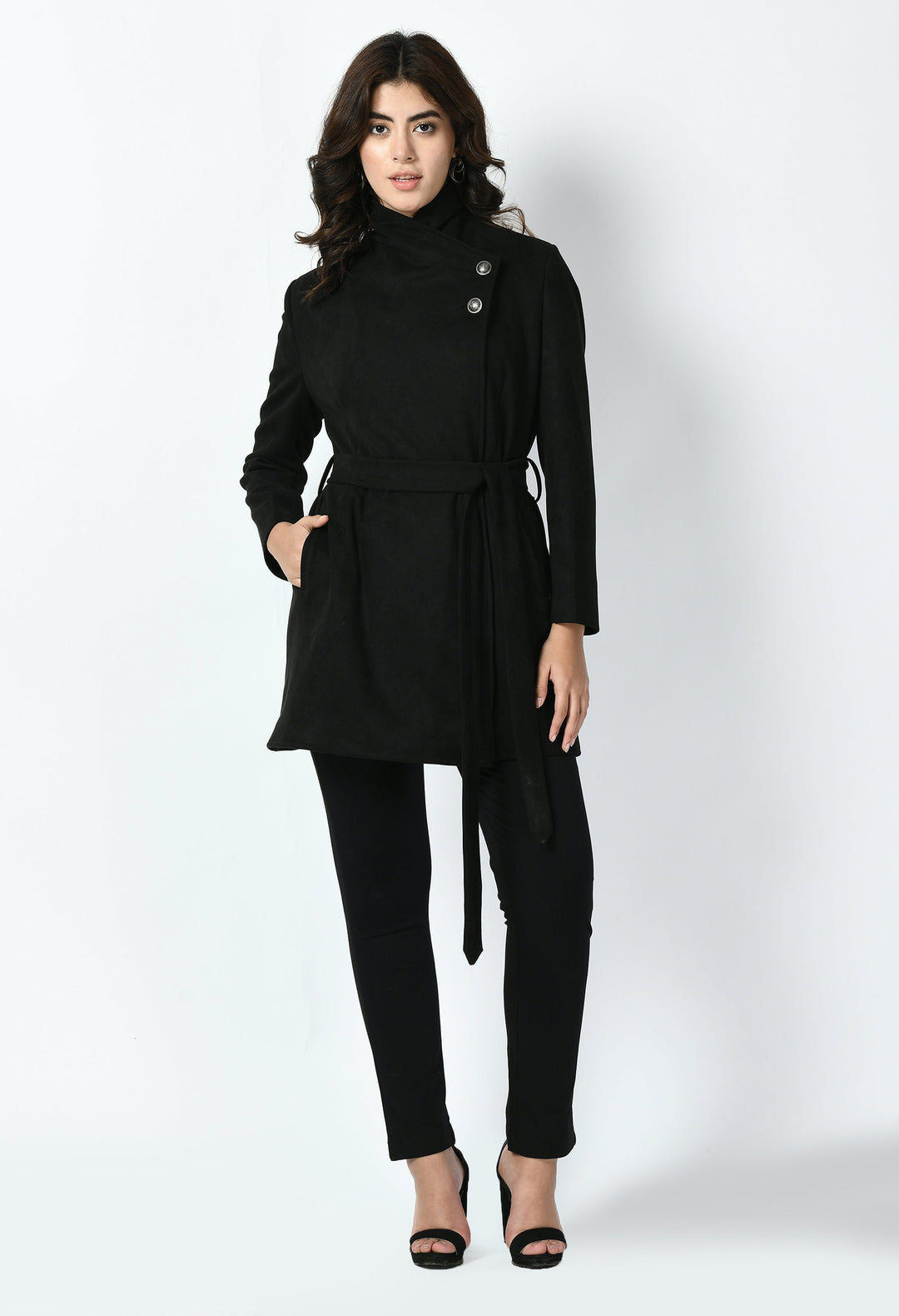 Black-Cotton-Blend-Spark-Suede-Leather-Medium-Wrap-Coat