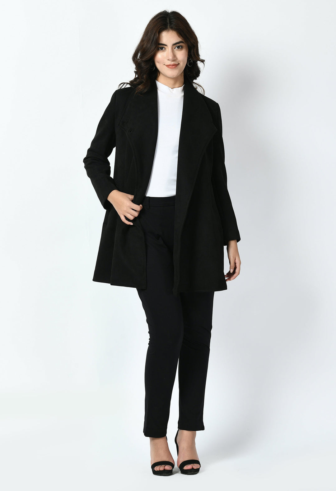 Black-Cotton-Blend-Spark-Suede-Leather-Medium-Wrap-Coat