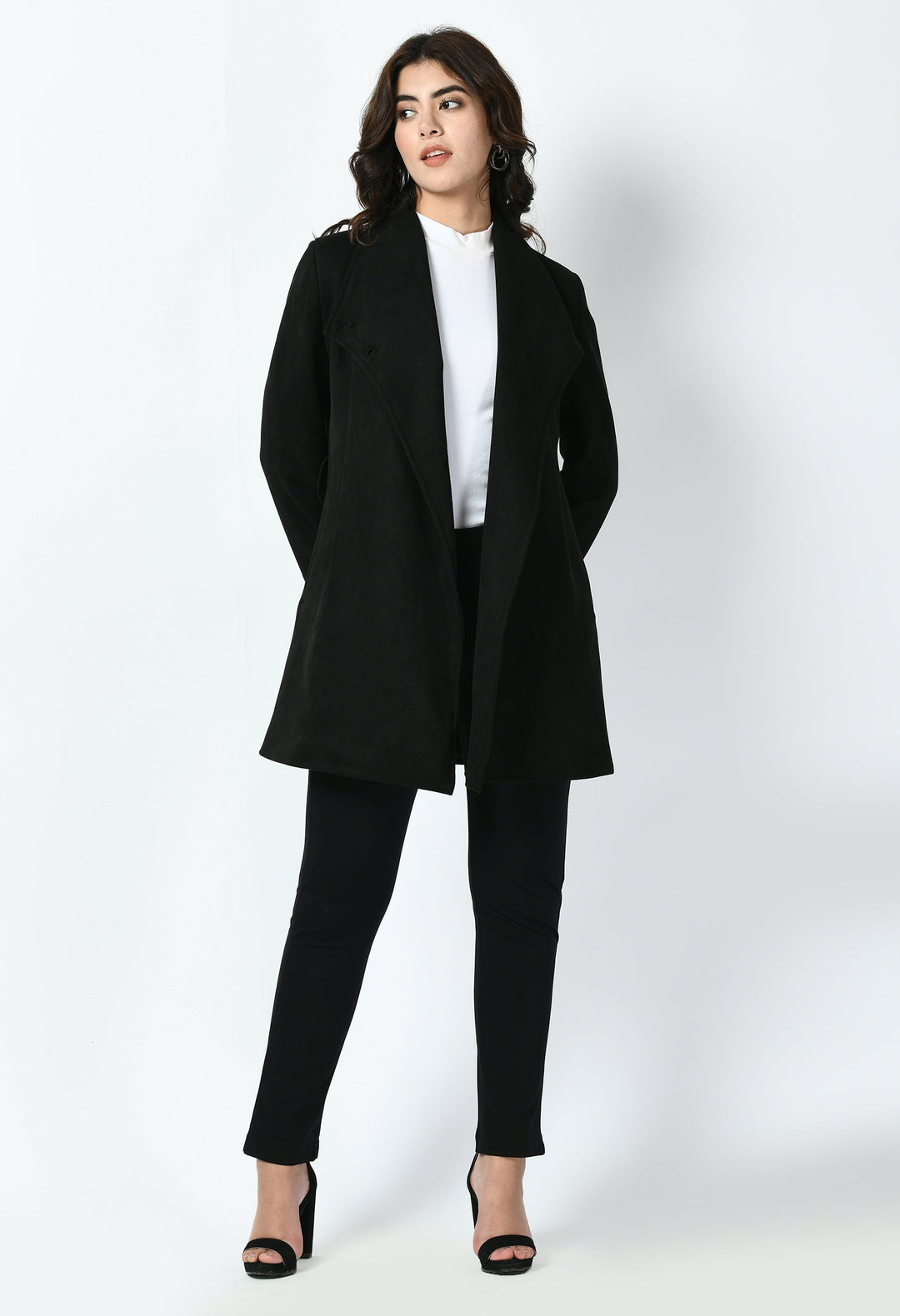 Black-Cotton-Blend-Spark-Suede-Leather-Medium-Wrap-Coat