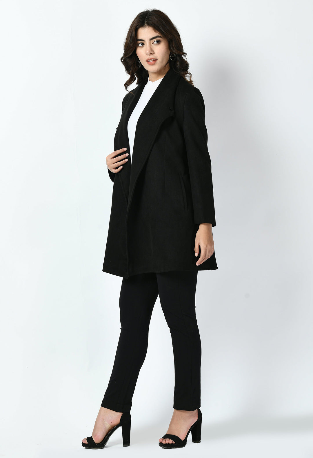 Black-Cotton-Blend-Spark-Suede-Leather-Medium-Wrap-Coat