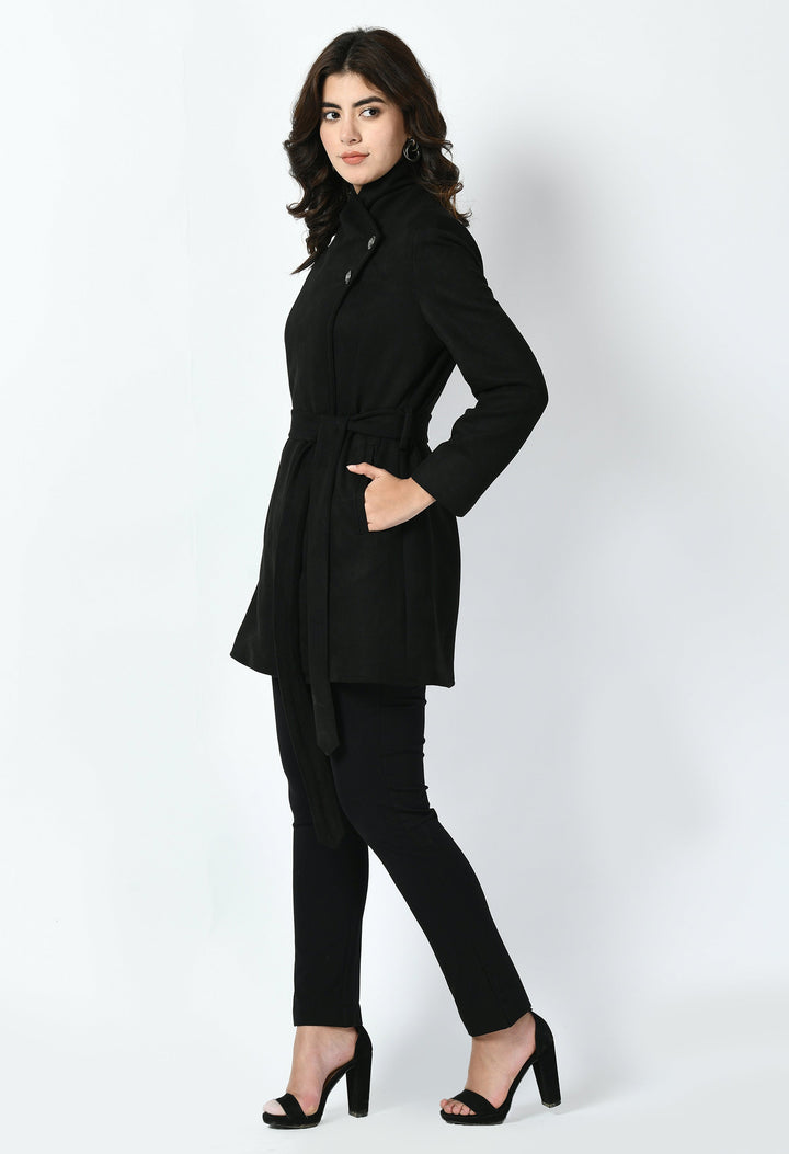 Black-Cotton-Blend-Spark-Suede-Leather-Medium-Wrap-Coat