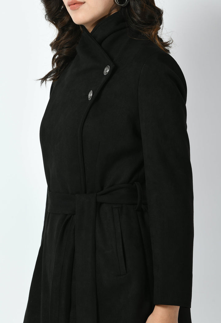 Black-Cotton-Blend-Spark-Suede-Leather-Medium-Wrap-Coat