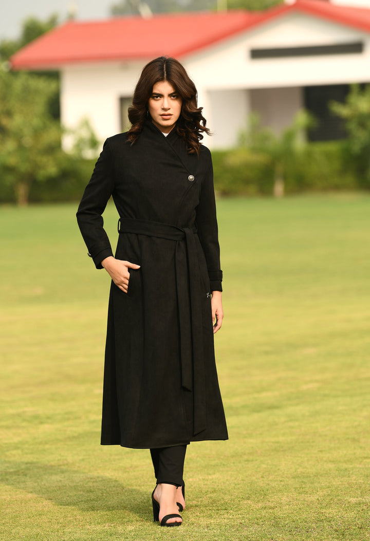 Black-Cotton-Blend-Spark-Suede-Leather-Medium-Wrap-Coat