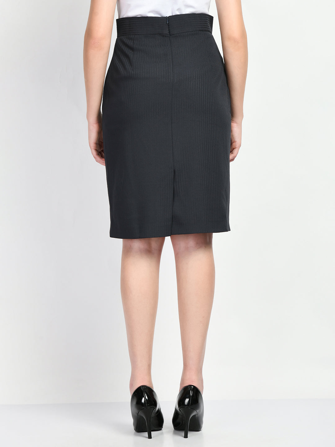 Black-Cotton-Blend-Striped-Pencil-Skirt