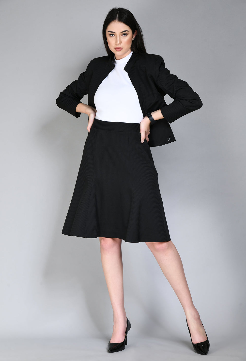 Black-Cotton-Blend-Striped-Short-Blazer-A-Line-Skirt-Suit