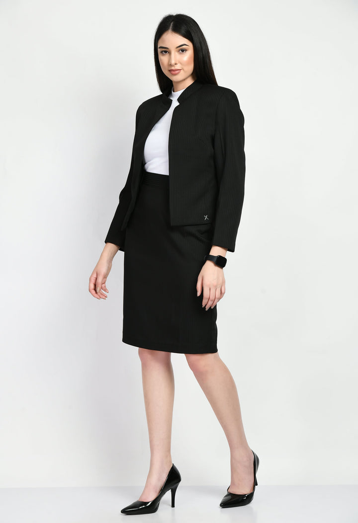 Black-Cotton-Blend-Striped-Short-Blazer-Pencil-Skirt-Suit