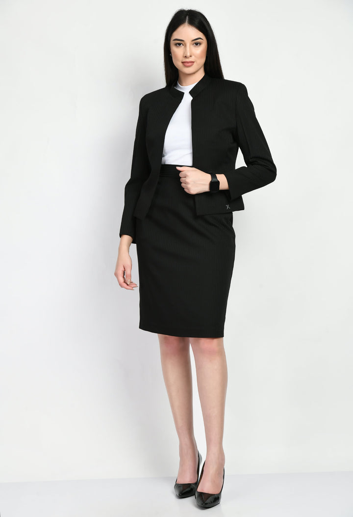 Black-Cotton-Blend-Striped-Short-Blazer-Pencil-Skirt-Suit