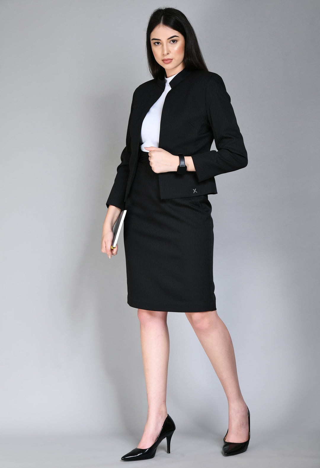 Black-Cotton-Blend-Striped-Short-Blazer-Pencil-Skirt-Suit