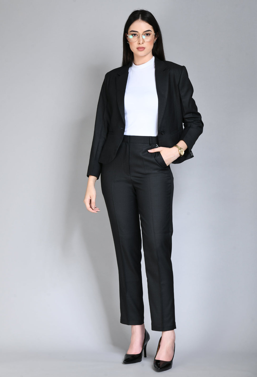 Black-Cotton-Blend-Success-Checked-Short-Blazer-Pant-Suit