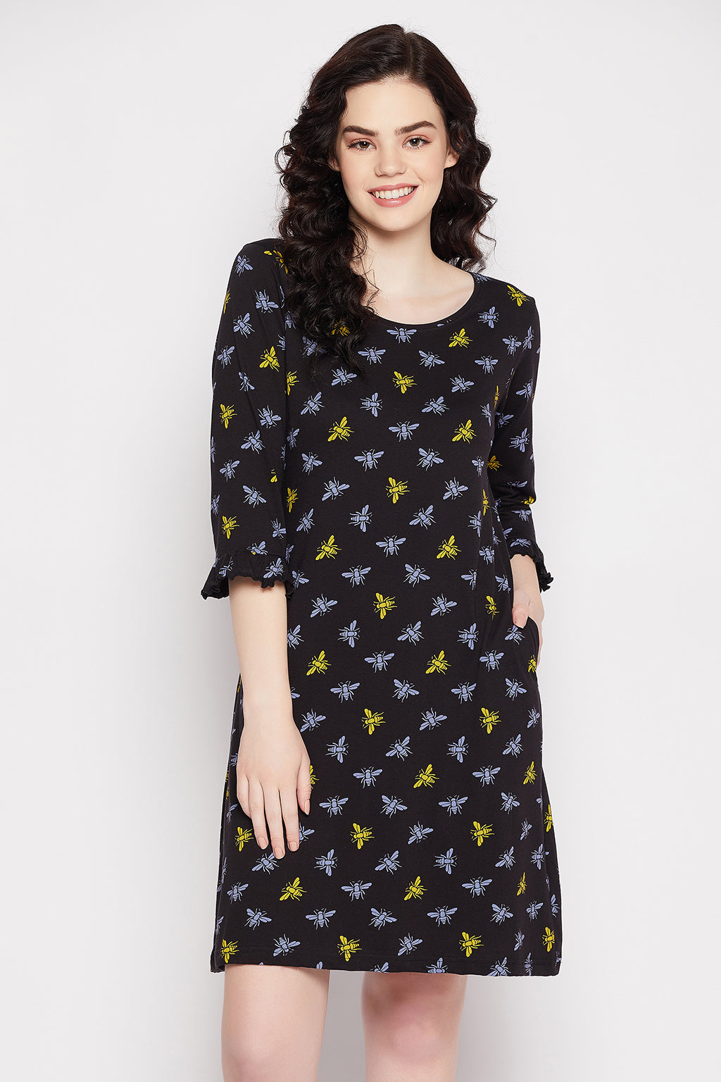 Black-Cotton-Butterfly-Print-Short-Night-Dress