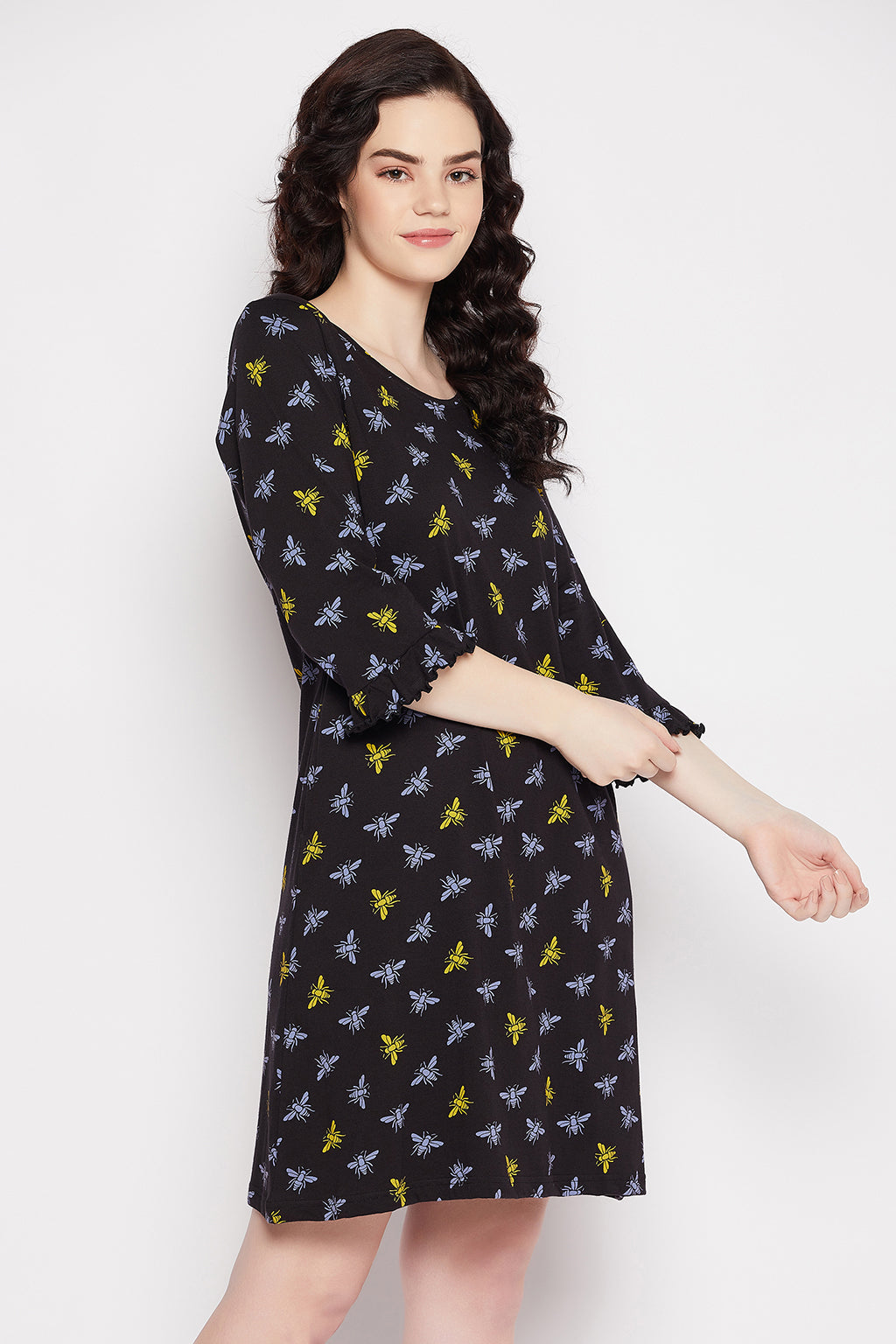 Black-Cotton-Butterfly-Print-Short-Night-Dress