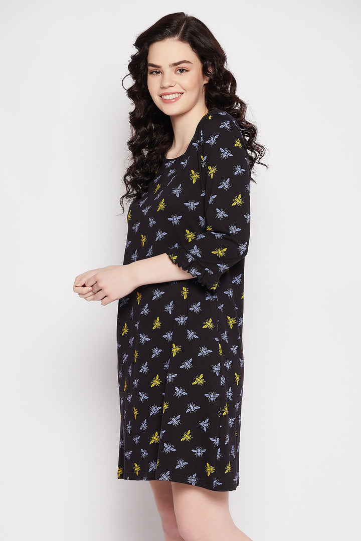 Black-Cotton-Butterfly-Print-Short-Night-Dress