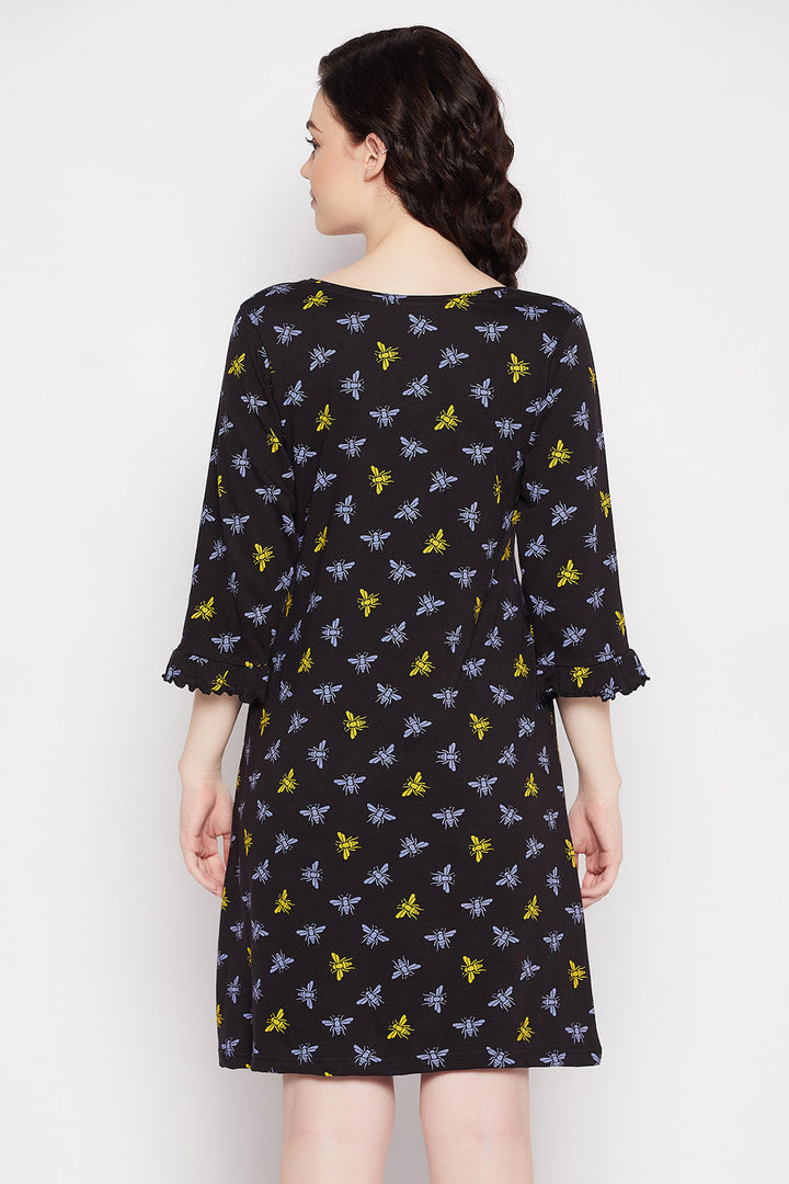 Black-Cotton-Butterfly-Print-Short-Night-Dress