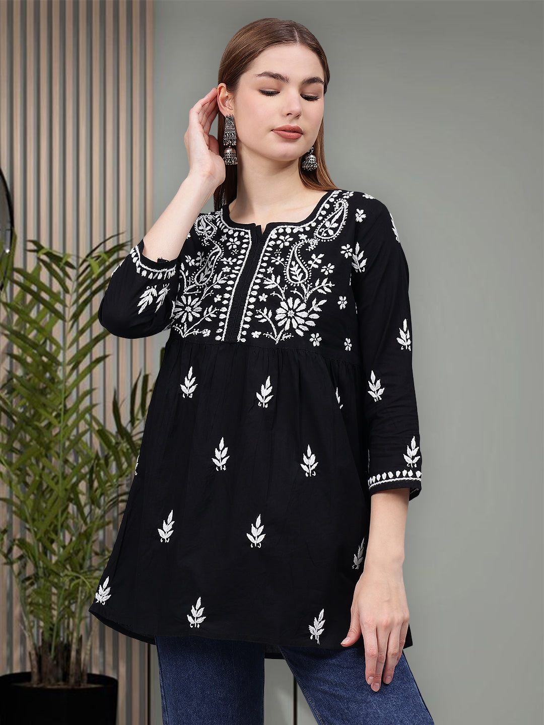 Black-Cotton-Chikankari-A-Line-Shaped-Top