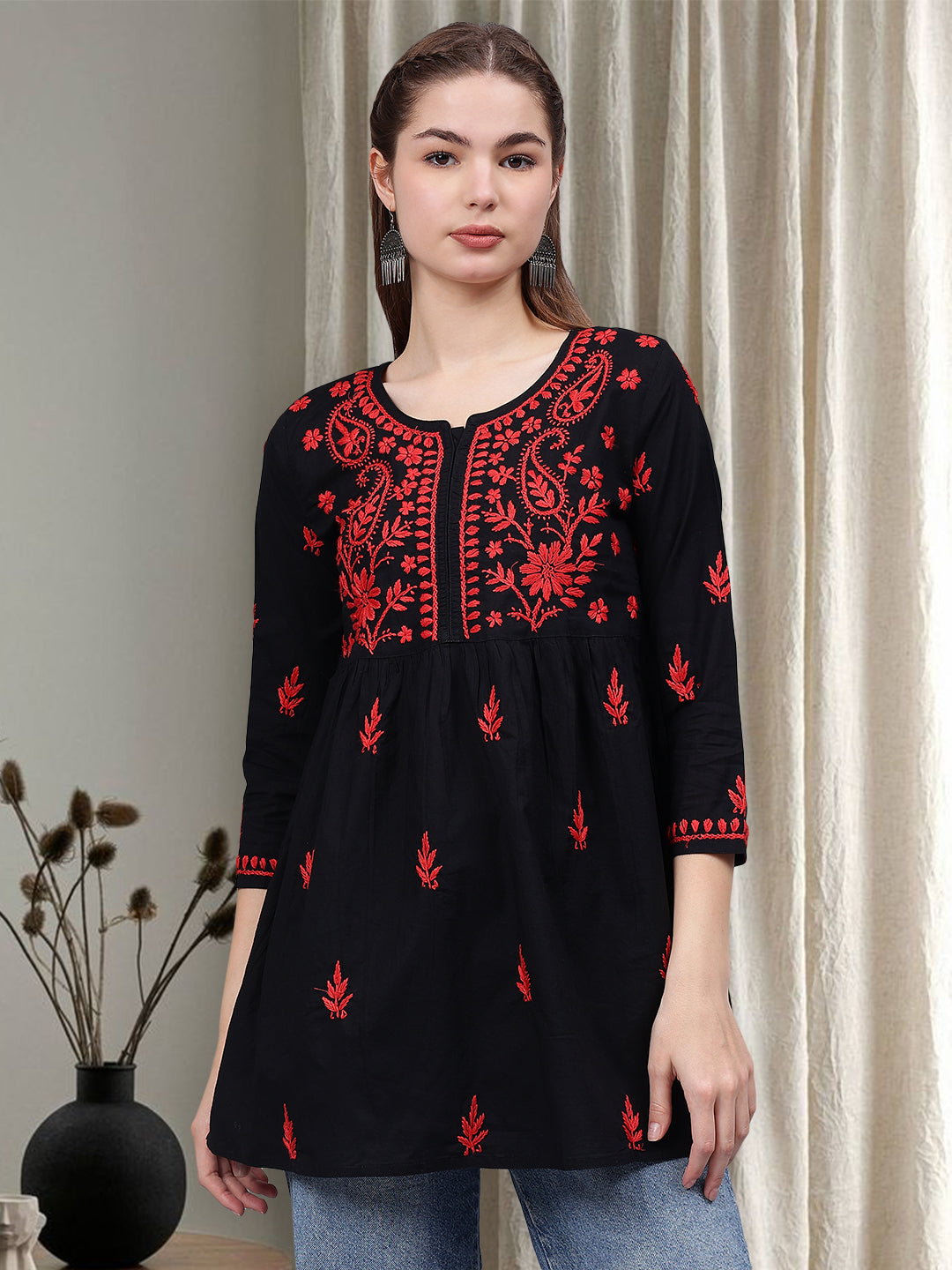 Black-Cotton-Chikankari-Round-Neck-A-Line-Top