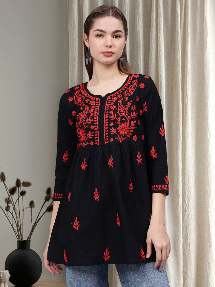 Black-Cotton-Chikankari-Round-Neck-A-Line-Top