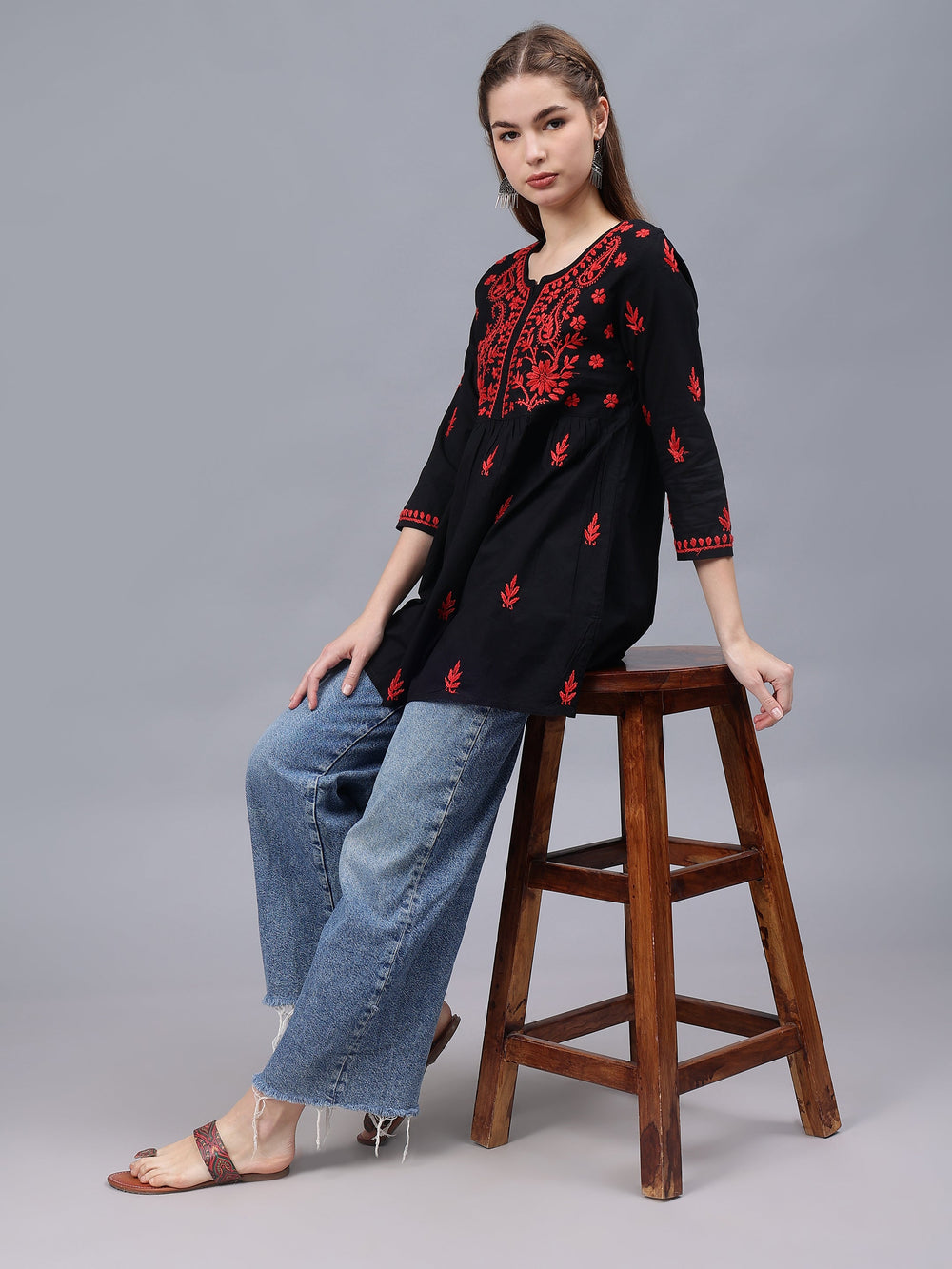 Black-Cotton-Chikankari-Round-Neck-A-Line-Top