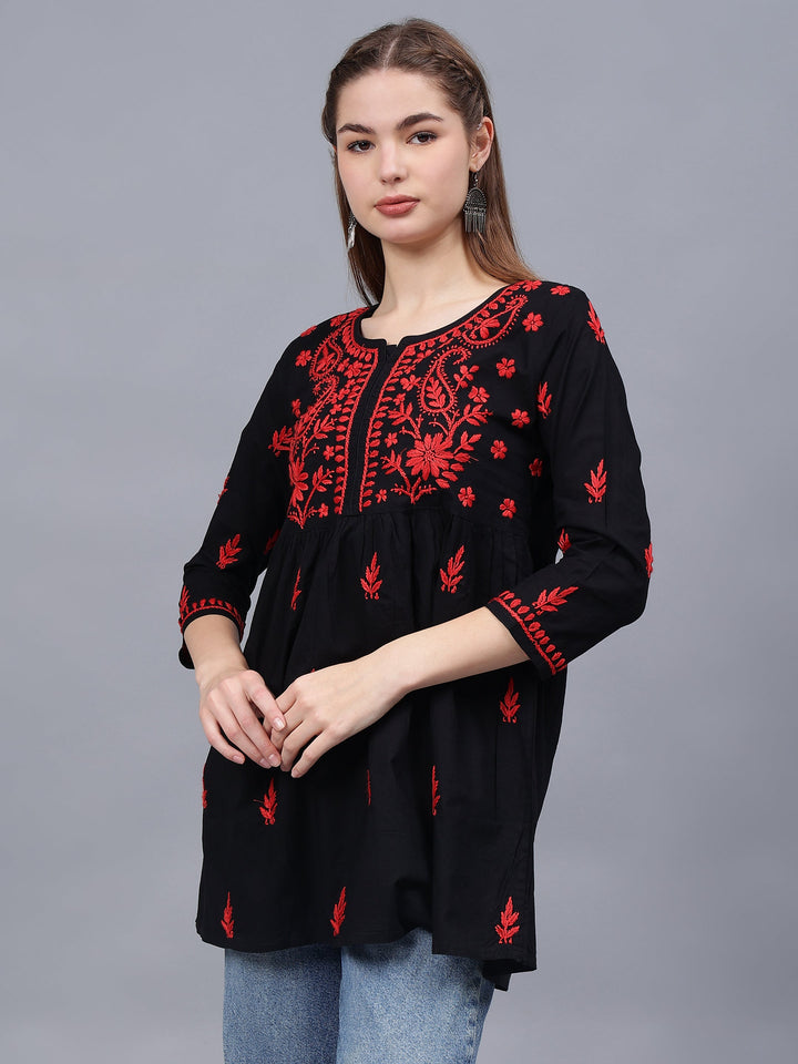 Black-Cotton-Chikankari-Round-Neck-A-Line-Top