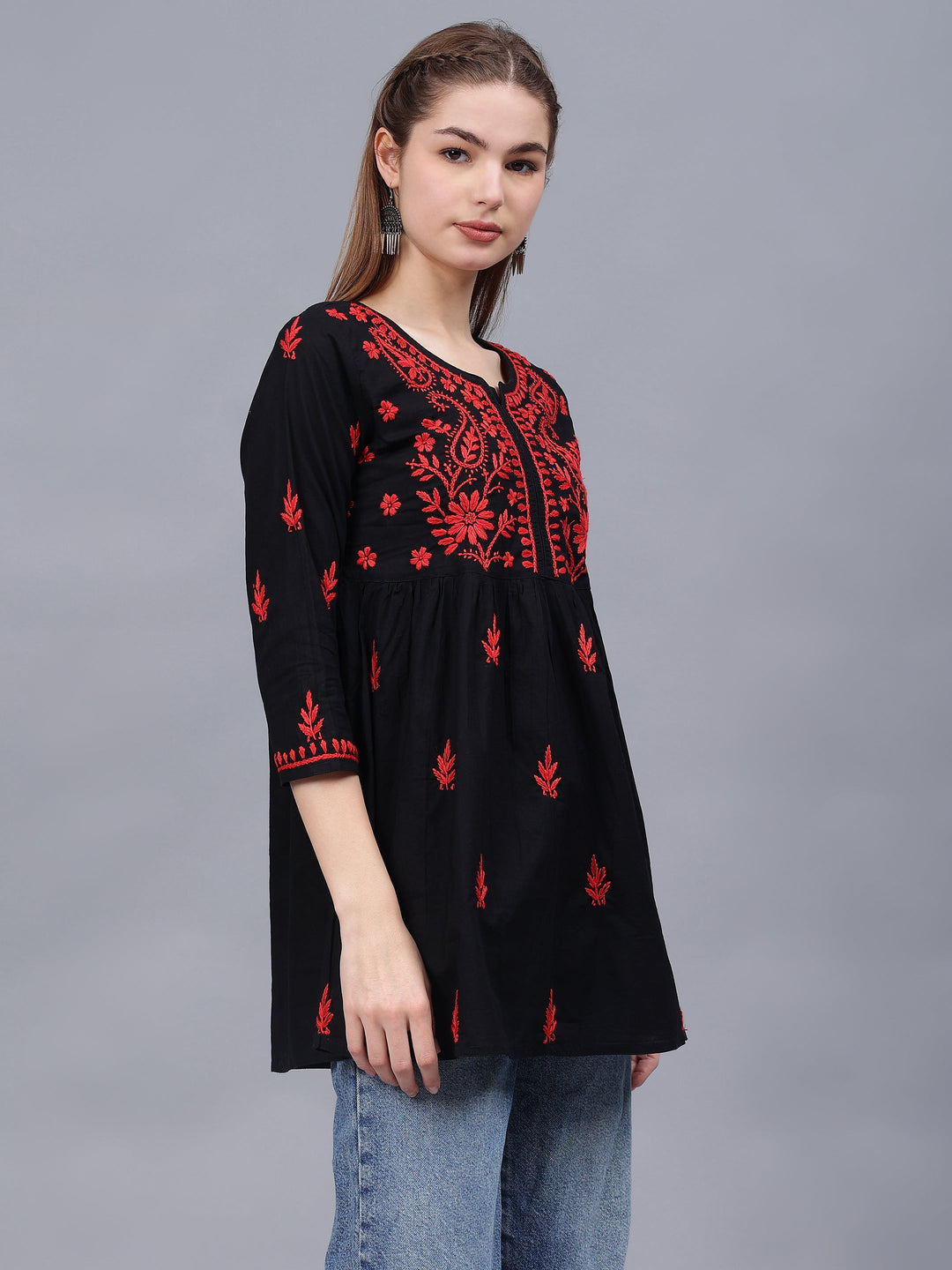 Black-Cotton-Chikankari-Round-Neck-A-Line-Top