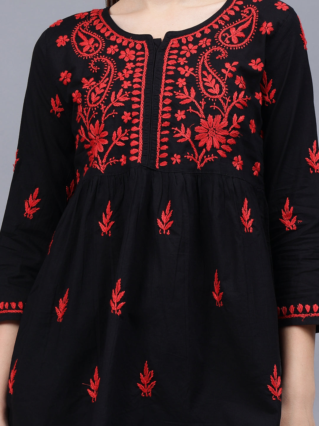 Black-Cotton-Chikankari-Round-Neck-A-Line-Top