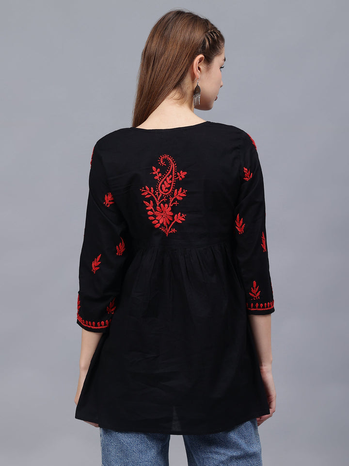 Black-Cotton-Chikankari-Round-Neck-A-Line-Top