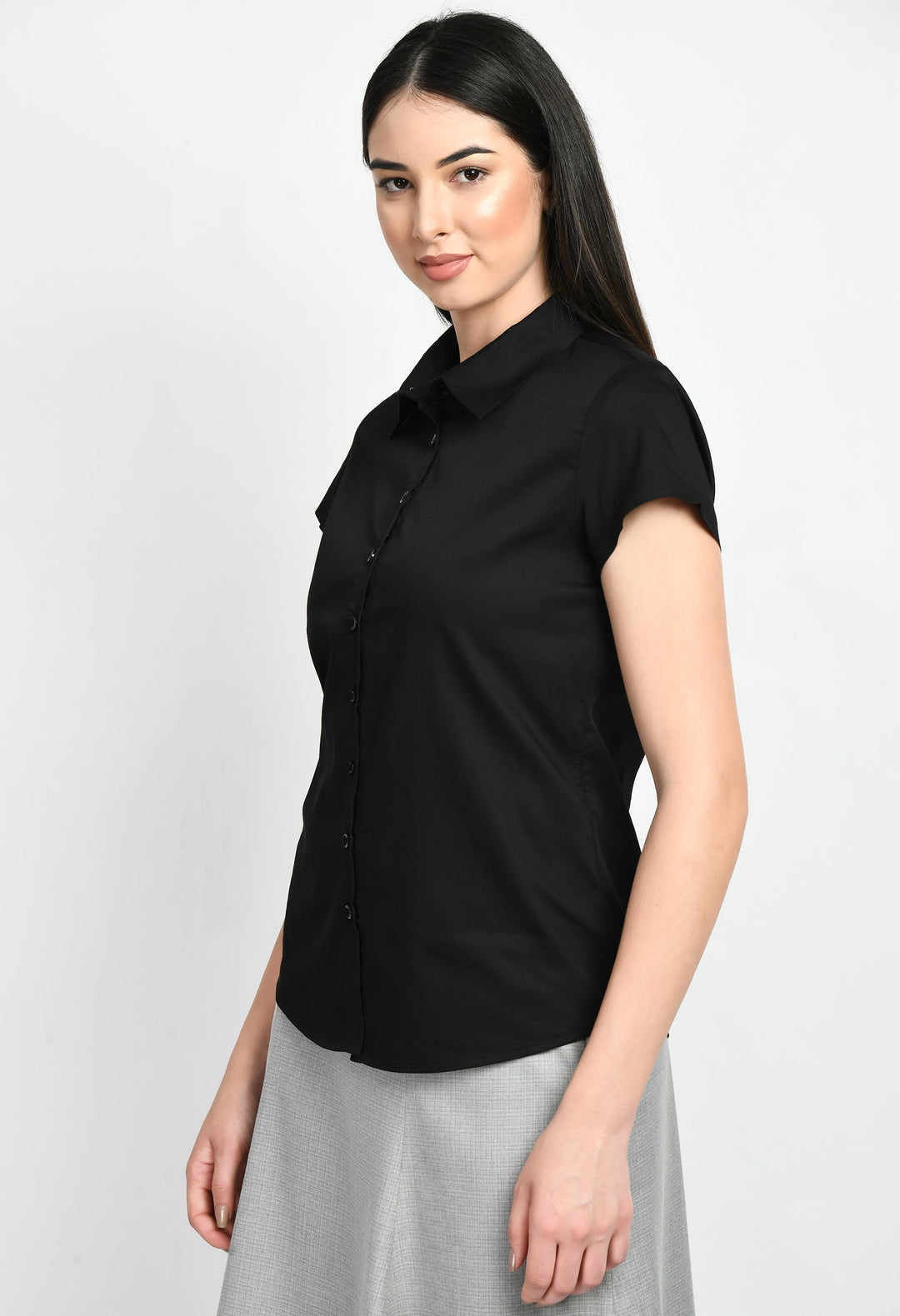 Black-Cotton-Creativity-Cap-Sleeves-Shirt