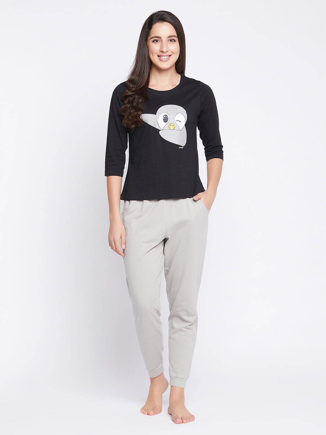 Black-Cotton-Dab-Penguin-Print-Top-&-Solid-Jogger-Set