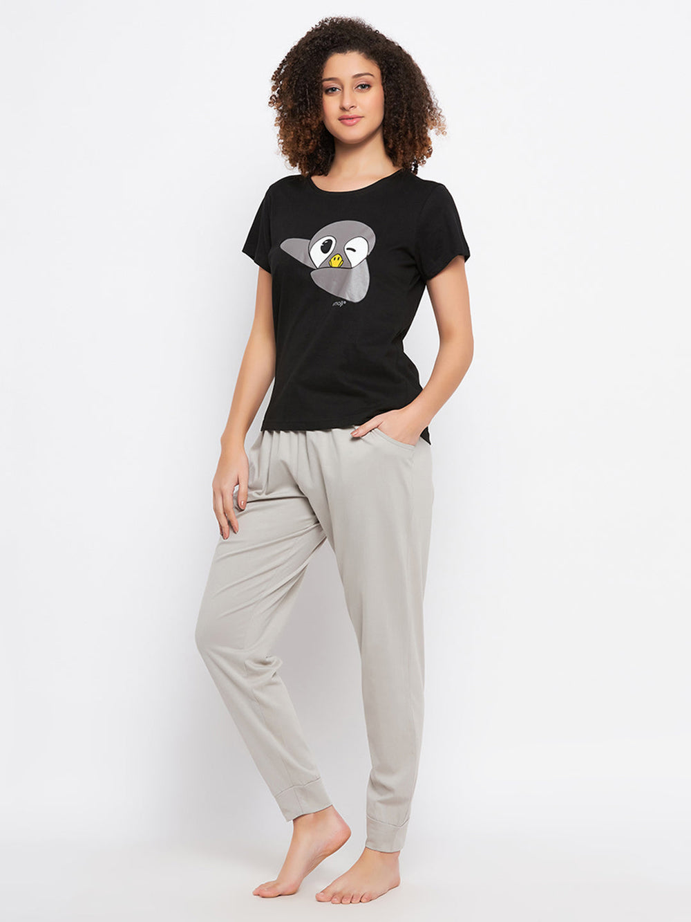 Black-Cotton-Dab-Penguin-Print-Top-&-Solid-Jogger-Set